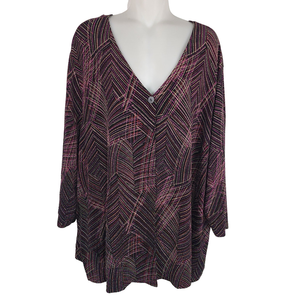 August Max Women Stretch Cardigan 3X Textured Metallic Blend Button Colorful Art